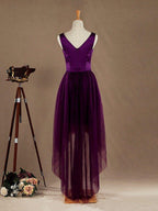 A-line V-neck High-low Hem Satin match Tulle Bridesmaid Dress