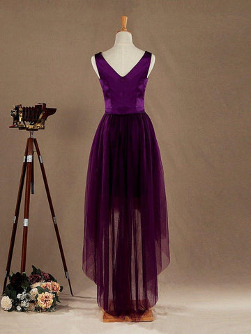 A-Linien-Brautjungfernkleid mit V-Ausschnitt, hohem Saum und Satin-Ton in Tüll 