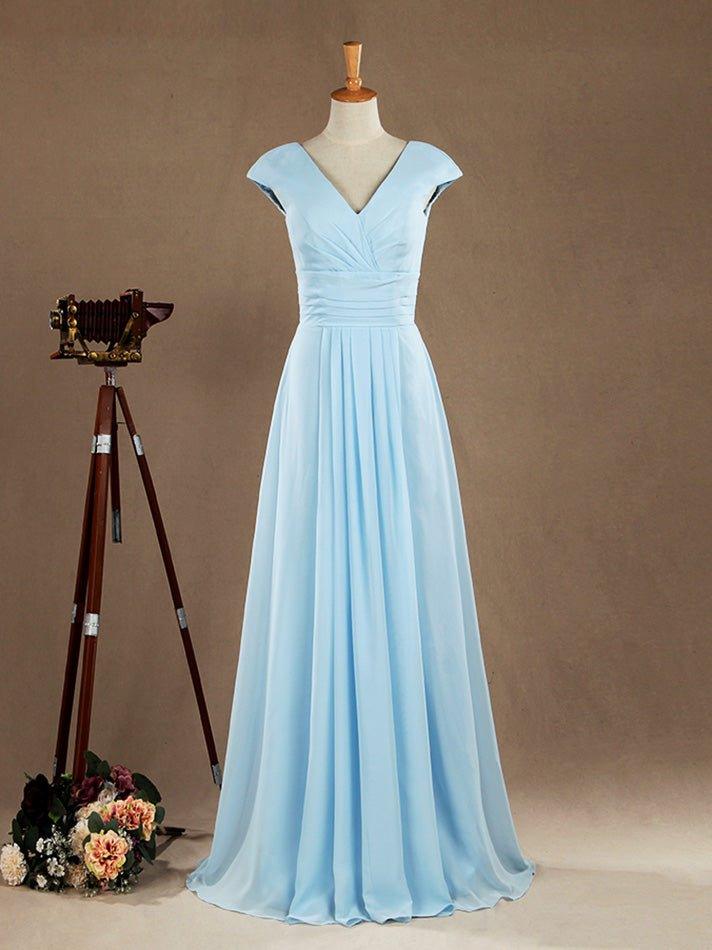 A-Line V-neck Floor Length Chiffon Bridesmaid Dress with Cap Sleeves