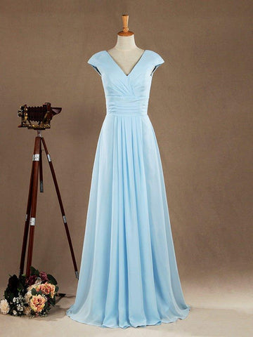 A-Linie, V-Ausschnitt, bodenlanges Chiffon-Brautjungfernkleid mit Flügelärmeln 