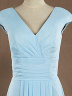 A-Line V-neck Floor Length Chiffon Bridesmaid Dress with Cap Sleeves