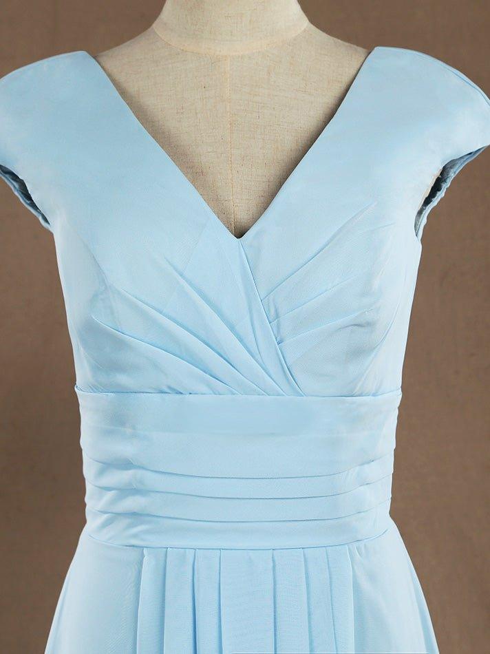 A-Line V-neck Floor Length Chiffon Bridesmaid Dress with Cap Sleeves