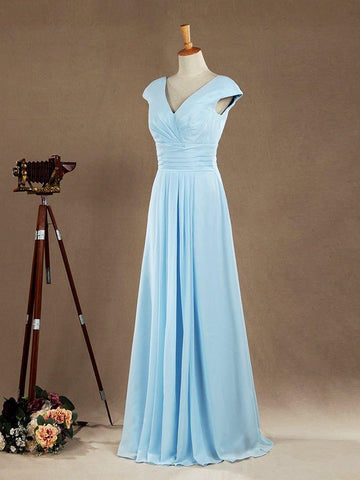 A-Linie, V-Ausschnitt, bodenlanges Chiffon-Brautjungfernkleid mit Flügelärmeln 