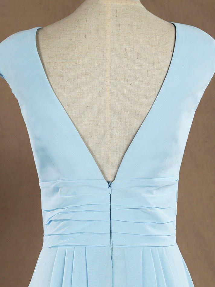 A-Line V-neck Floor Length Chiffon Bridesmaid Dress with Cap Sleeves