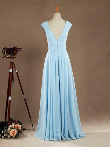 A-Linie, V-Ausschnitt, bodenlanges Chiffon-Brautjungfernkleid mit Flügelärmeln 