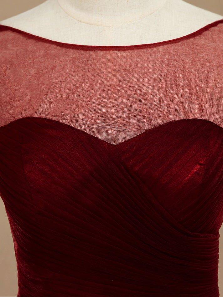 A-Line Knee Length Tulle Short Sleeves Bridesmaid Dress with See Through Bateau Neckline