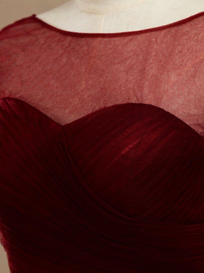 A-Line Knee Length Tulle Short Sleeves Bridesmaid Dress with See Through Bateau Neckline