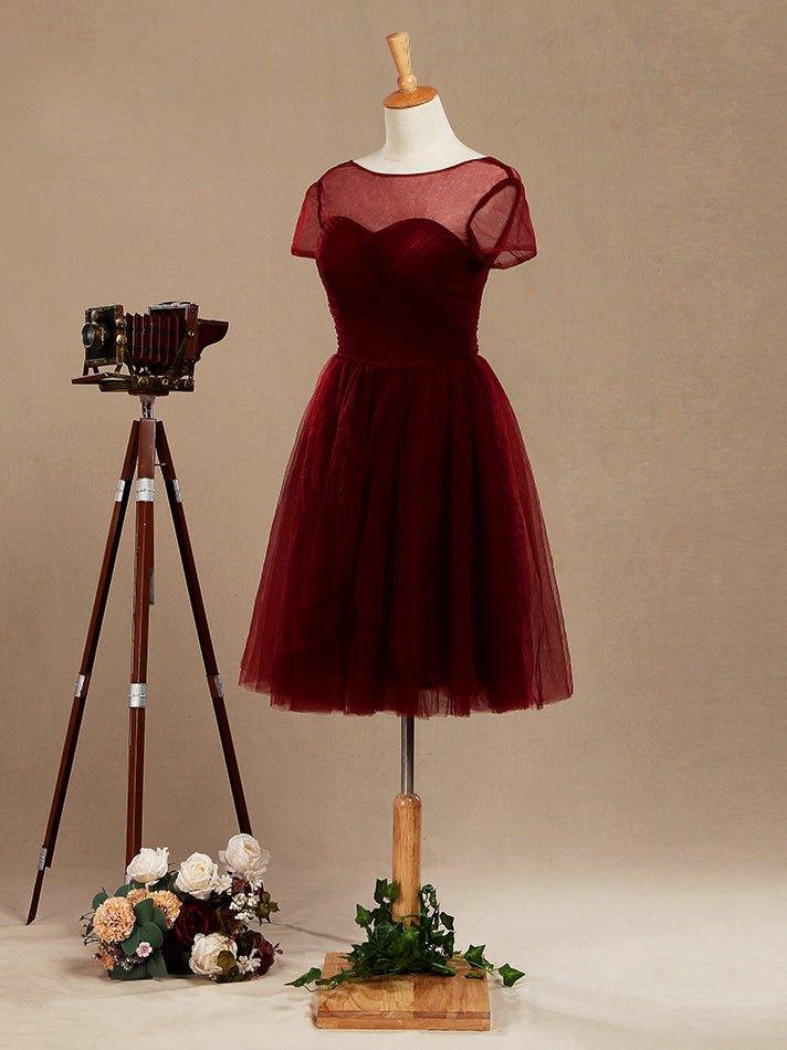 A-Line Knee Length Tulle Short Sleeves Bridesmaid Dress with See Through Bateau Neckline