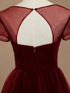 A-Line Knee Length Tulle Short Sleeves Bridesmaid Dress with See Through Bateau Neckline