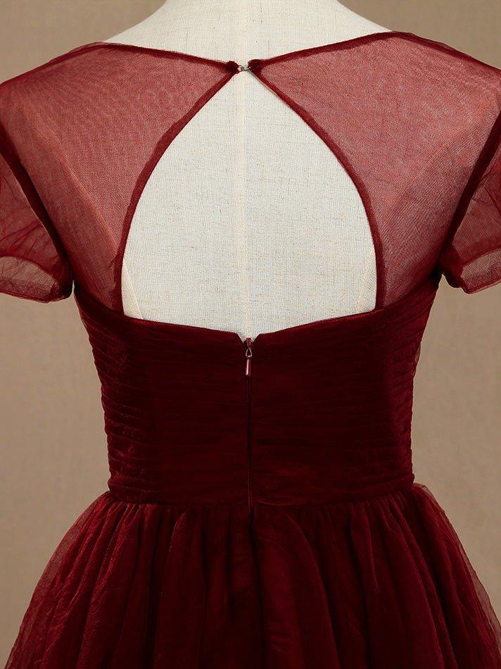 A-Line Knee Length Tulle Short Sleeves Bridesmaid Dress with See Through Bateau Neckline