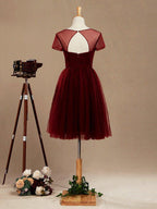 A-Line Knee Length Tulle Short Sleeves Bridesmaid Dress with See Through Bateau Neckline