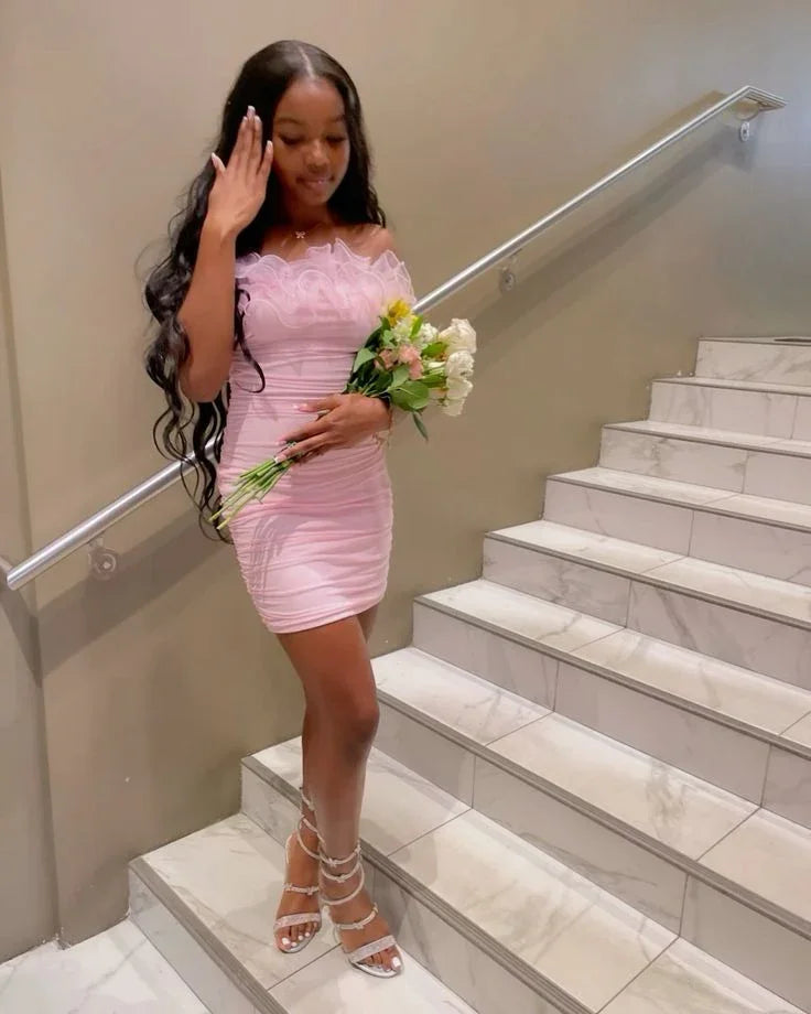 Niedliches rosa Rüschenkleid ohne Träger, schlichtes Minikleid für den Homecoming-Abschlussball Y7963