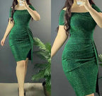 Vestido Cuerpo Verde de Manga Corta Vestido Sexy para el Baile de Bienvenida Y6051