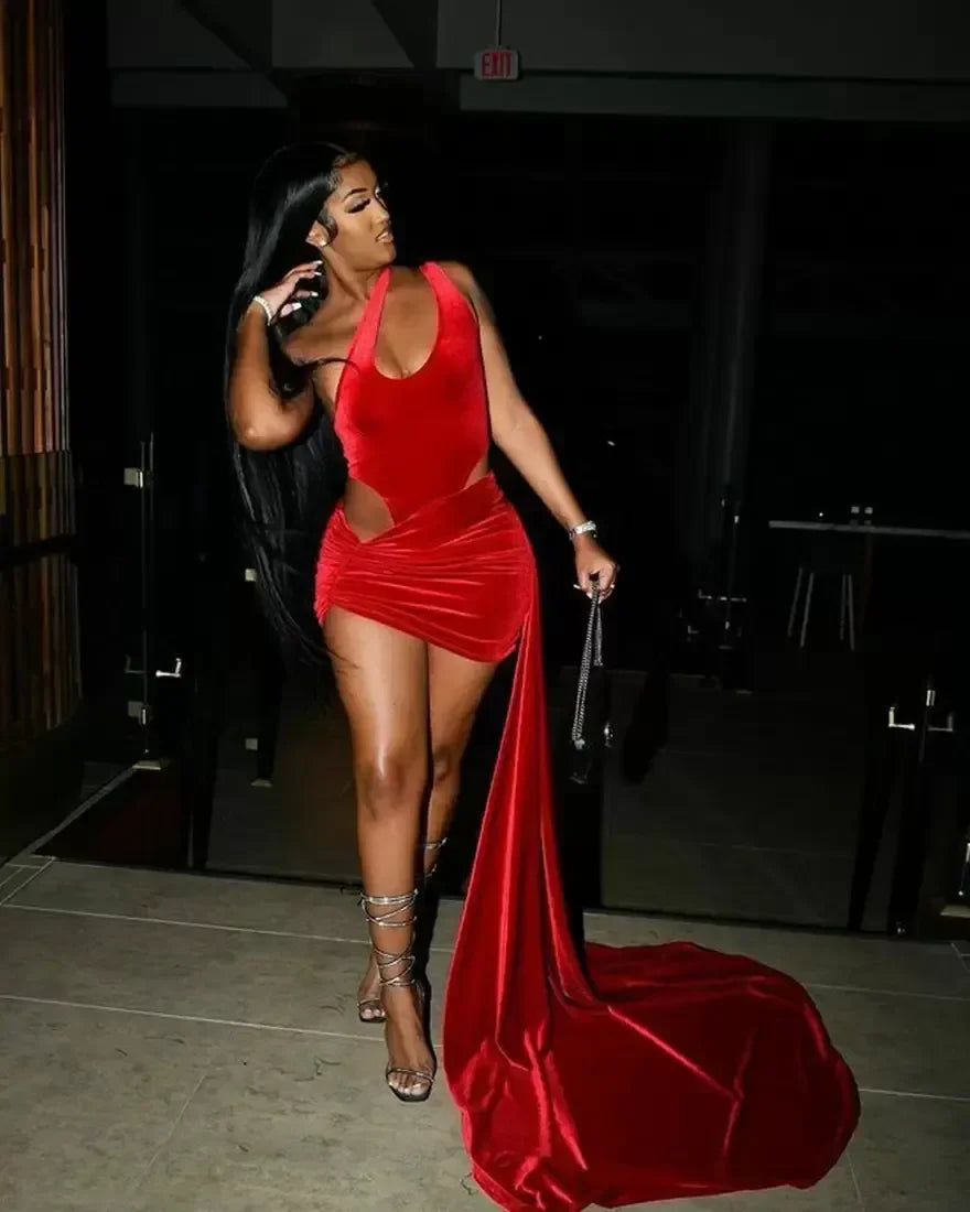 Vestido de Fiesta de Terciopelo Rojo Sexy con Abertura para Chica Negra Vestido de Gala Vestido de Cóctel Y8135