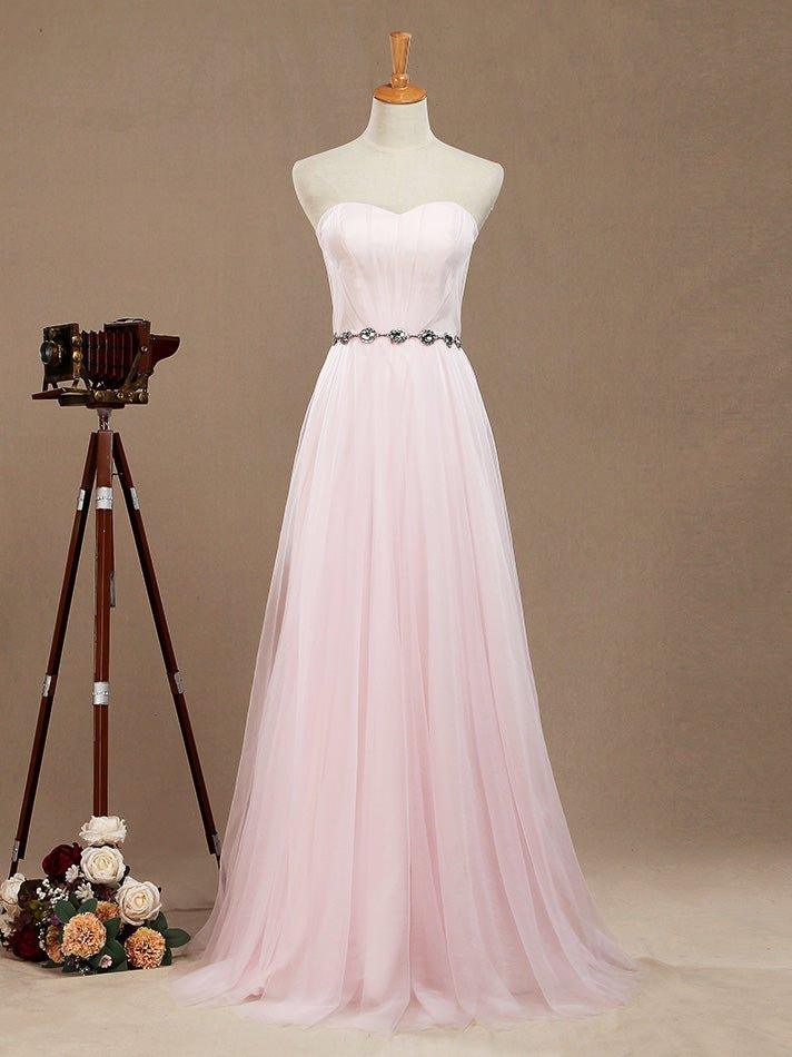 A-Line Tulle Floor Length Bridesmaid Dress Strapless with Belt