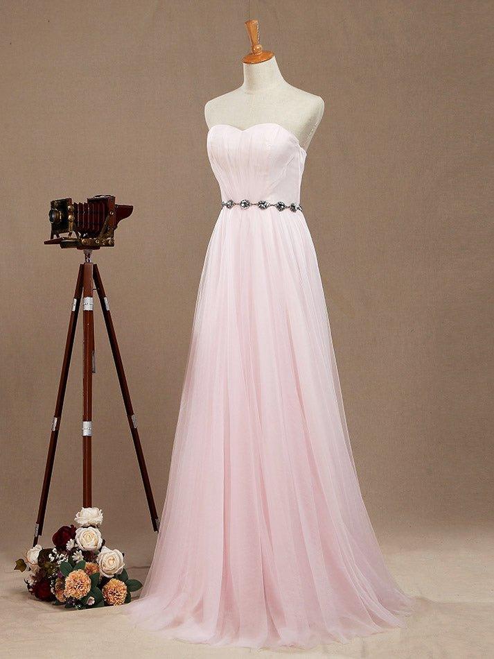 A-Line Tulle Floor Length Bridesmaid Dress Strapless with Belt