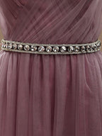 A-Line V-neck Tulle Floor Length Bridesmaid Dress with Ruching Pleats