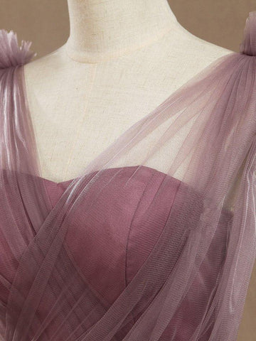 Bodenlanges Brautjungfernkleid aus Tüll mit V-Ausschnitt und Rüschenfalten in A-Linie 
