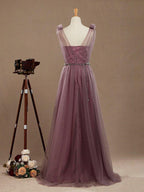 A-Line V-neck Tulle Floor Length Bridesmaid Dress with Ruching Pleats