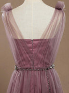 A-Line V-neck Tulle Floor Length Bridesmaid Dress with Ruching Pleats