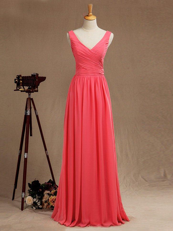 A-Line V-neck Floor Length Chiffon Bridesmaid Dress with Criss Cross Pleats
