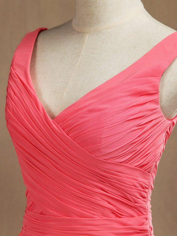 A-Linie, V-Ausschnitt, bodenlanges Chiffon-Brautjungfernkleid mit überkreuzten Falten 