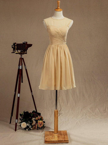A-Line Jewel Neck Knee Length Chiffon Bridesmaid Dress with Criss Cross Ruching Pleats Prom Dresses