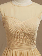 A-Line Jewel Neck Knee Length Chiffon Bridesmaid Dress with Criss Cross Ruching Pleats Prom Dresses