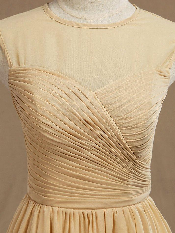 A-Line Jewel Neck Knee Length Chiffon Bridesmaid Dress with Criss Cross Ruching Pleats Prom Dresses