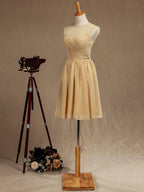 A-Line Jewel Neck Knee Length Chiffon Bridesmaid Dress with Criss Cross Ruching Pleats Prom Dresses