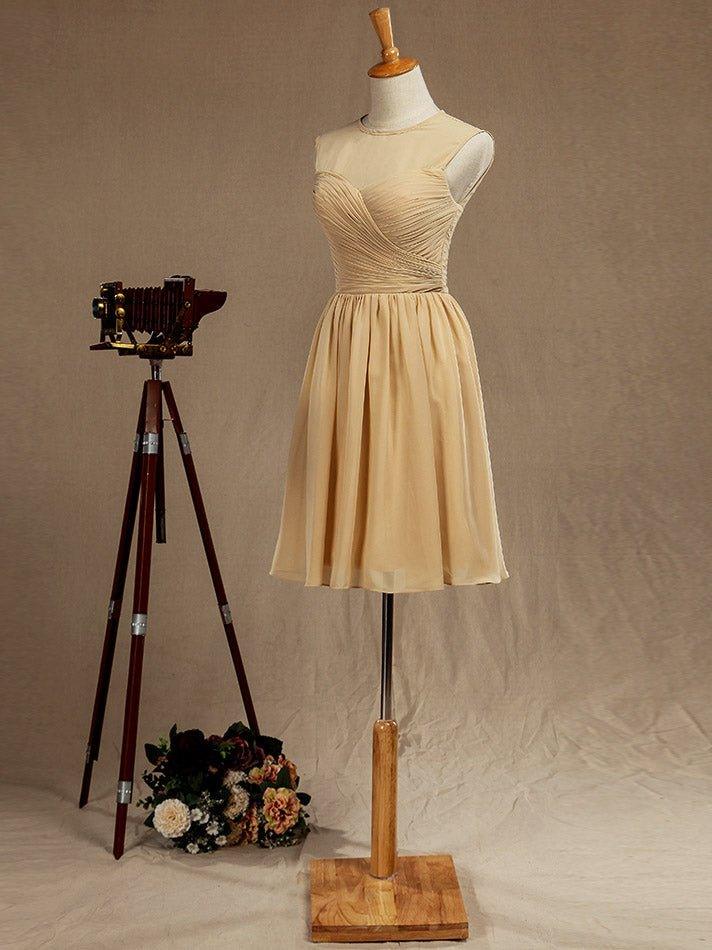 A-Line Jewel Neck Knee Length Chiffon Bridesmaid Dress with Criss Cross Ruching Pleats Prom Dresses