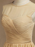 A-Line Jewel Neck Knee Length Chiffon Bridesmaid Dress with Criss Cross Ruching Pleats Prom Dresses