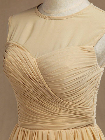 A-Line Jewel Neck Knee Length Chiffon Bridesmaid Dress with Criss Cross Ruching Pleats Prom Dresses