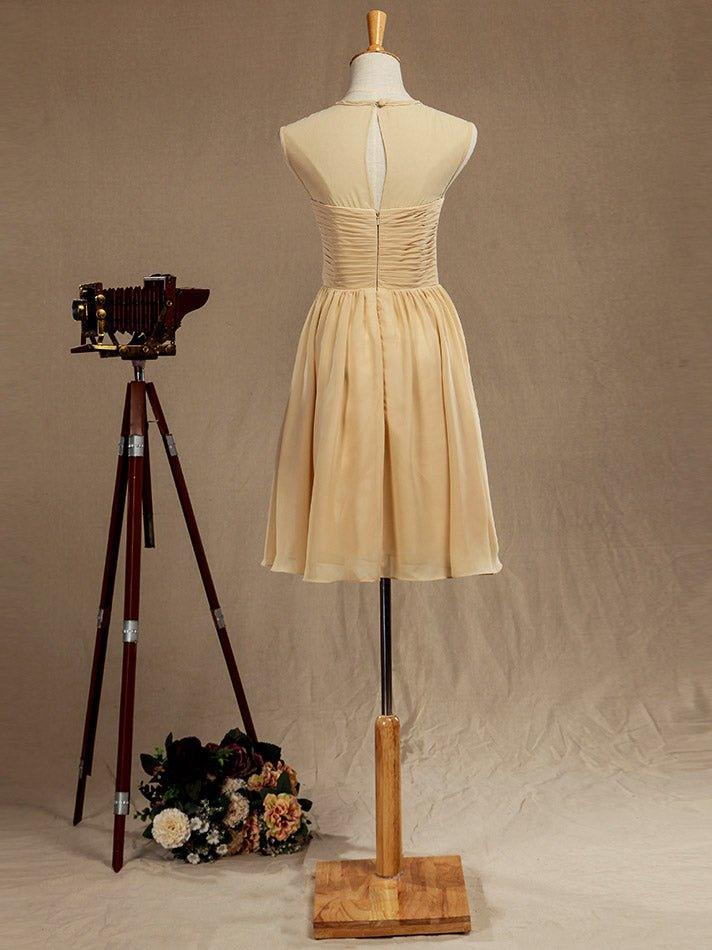 A-Line Jewel Neck Knee Length Chiffon Bridesmaid Dress with Criss Cross Ruching Pleats Prom Dresses