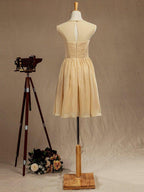 A-Line Jewel Neck Knee Length Chiffon Bridesmaid Dress with Criss Cross Ruching Pleats Prom Dresses