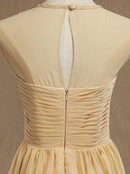 A-Line Jewel Neck Knee Length Chiffon Bridesmaid Dress with Criss Cross Ruching Pleats Prom Dresses