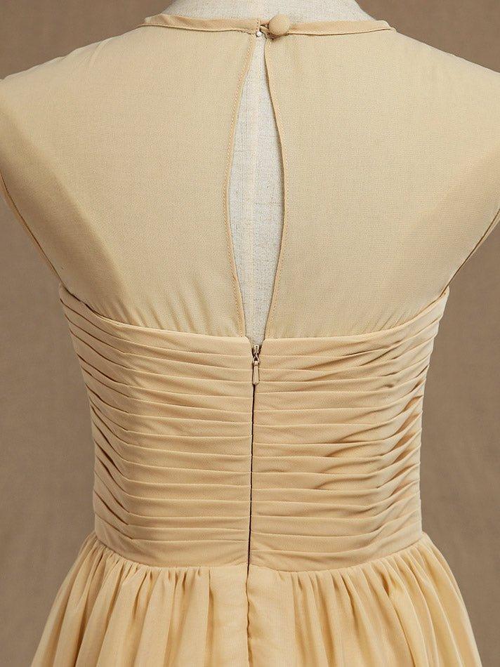 A-Line Jewel Neck Knee Length Chiffon Bridesmaid Dress with Criss Cross Ruching Pleats Prom Dresses