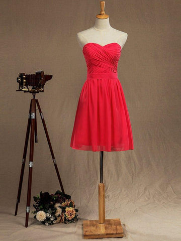A-Linie, trägerlos, Herzausschnitt, knielang, Chiffon-Brautjungfernkleid mit überkreuzten Rüschenfalten 