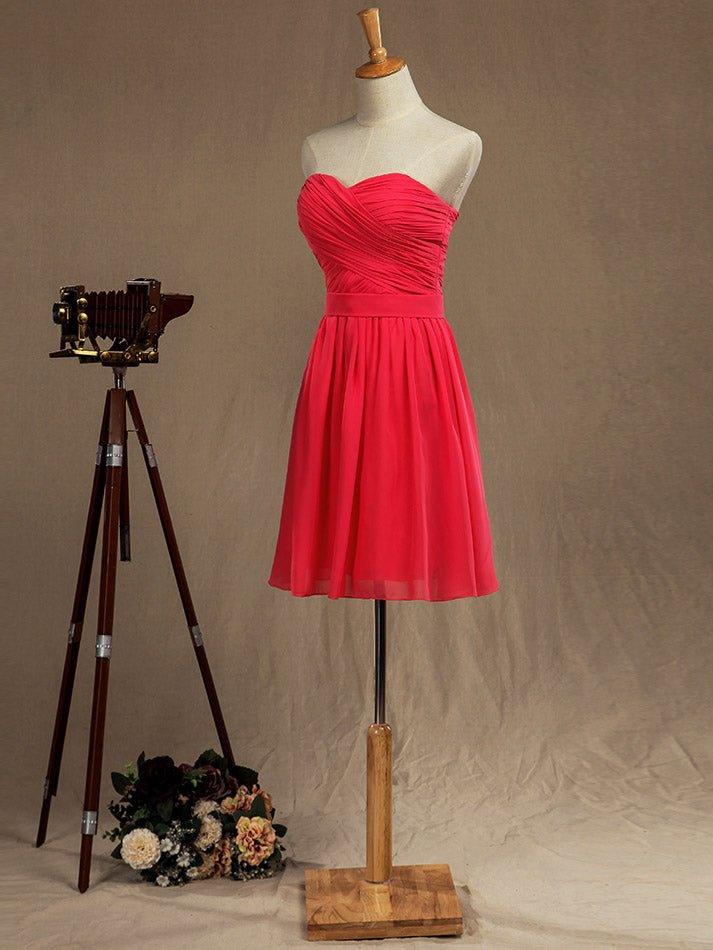 A-line Strapless Sweetheart Knee Length Chiffon Bridesmaid Dress with Criss Cross Ruching Pleats