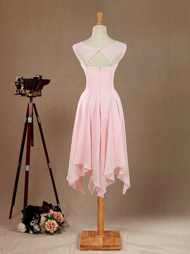 A-Line Jewel Neck Knee Length Chiffon Bridesmaid Dress with Irregular Hem Criss Cross Ruching