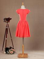 A-Line Jewel Neck Knee Length Chiffon Bridesmaid Dress with Cap Sleeves Buttons