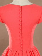 A-Line Jewel Neck Knee Length Chiffon Bridesmaid Dress with Cap Sleeves Buttons