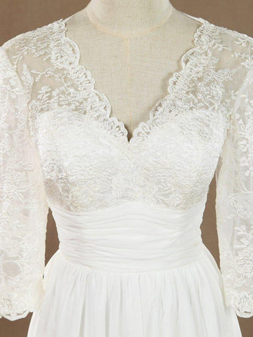 A-Linie V-Ausschnitt Knielanges Chiffon-Spitzen-Brautjungfernkleid / Partykleid mit langen Ärmeln 