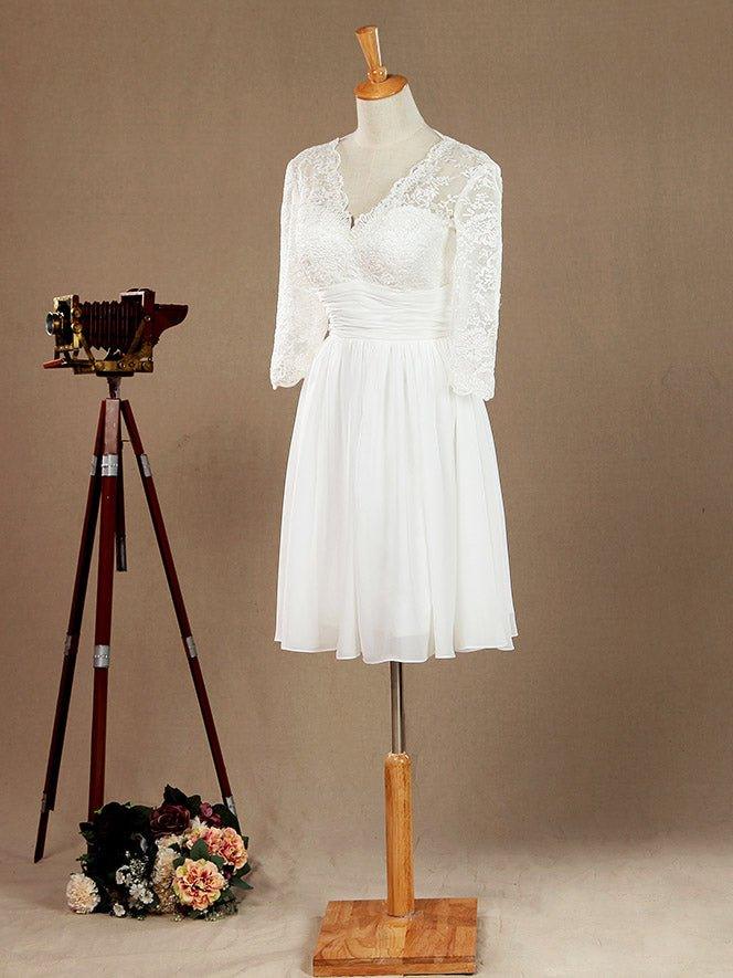 A-Line V-neck Knee Length Chiffon match Lace Bridesmaid Dress / Party Dress with Long Sleeves