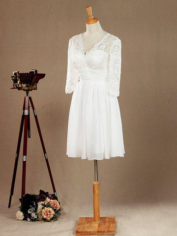 A-Linie V-Ausschnitt Knielanges Chiffon-Spitzen-Brautjungfernkleid / Partykleid mit langen Ärmeln 