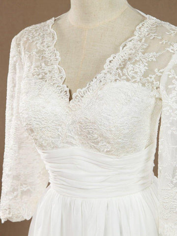 A-Linie V-Ausschnitt Knielanges Chiffon-Spitzen-Brautjungfernkleid / Partykleid mit langen Ärmeln 