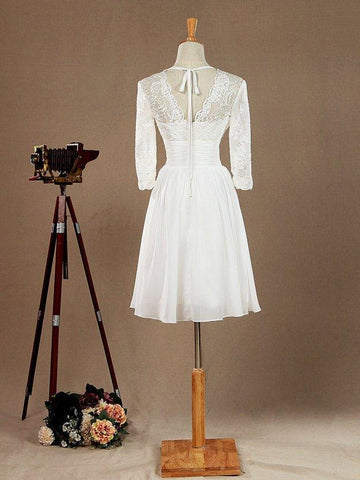 A-Linie V-Ausschnitt Knielanges Chiffon-Spitzen-Brautjungfernkleid / Partykleid mit langen Ärmeln 