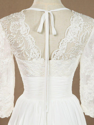 A-Linie V-Ausschnitt Knielanges Chiffon-Spitzen-Brautjungfernkleid / Partykleid mit langen Ärmeln 