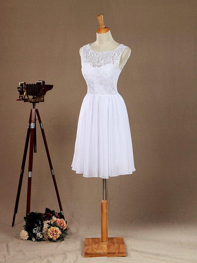 A-Line Jewel Neck Knee Length Chiffon match Lace Bridesmaid Dress