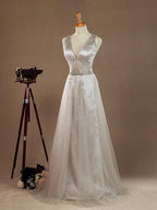 A-Line V-neck Floor Length Tulle Bridesmaid Dress with Belt